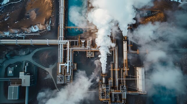 Aerial View of Industrial Geothermal Plant: Steam Rises from Pipes and Structures, Showing Complex Network of Geothermal Energy Production. High-Angle Shot Reveals the intricate system's operations