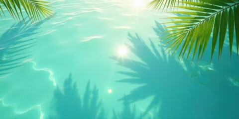 Serene Aqua Palm Fronds Cast Shadows on a Tranquil Pool Surface Under Sunlit Sky