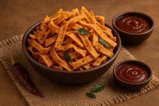  Spicy Ribbon Muruku with Curry Leaves and Tamarind Chutney