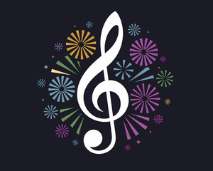 Treble Clef Surrounded By Festive Fireworks On Dark Background