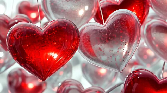 Hanging glass hearts create a whimsical atmosphere, shining with light and love in a vibrant space Generative AI