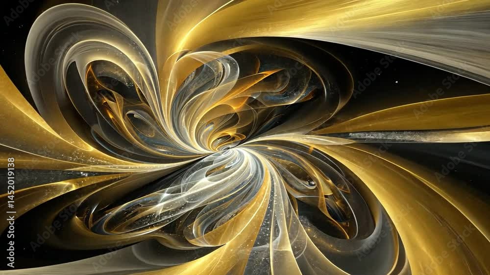 Poster mesmerizing abstract design with intricate swirling patterns in gold, silver, and black, creating se