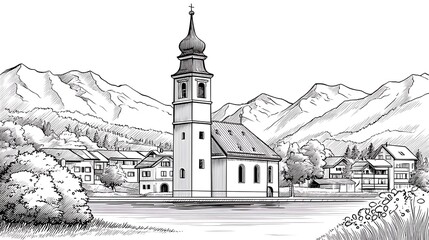 Obraz premium Alpine Church Sketch Majestic Mountain Village.