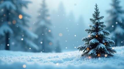 Winter Wonderland A Small, Snowy Evergreen Tree Glows with Festive Lights in a Serene Forest Setting