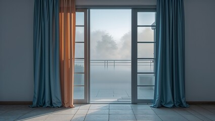 Obraz premium Photorealistic image of a fog outside glass door with curtain