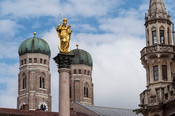 Marian column at Marienplatz, pedestrian zone in Munich, Bavaria, Germany.