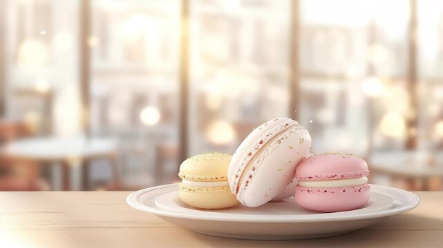Indulge in colorful macarons, cozy plate setting, food photography, warm lighting, close-up view, gourmet treats showcase