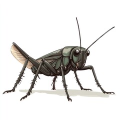 Detailed close up shot of a green grasshopper with its large compound eyes long antennae and rough textured body against a natural backdrop of vegetation