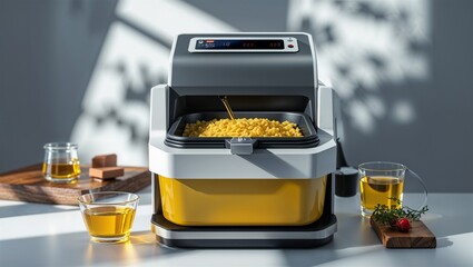 Photorealistic image of a digital fry oil analyzer in a modern studio setting