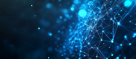 Fototapeta premium Futuristic abstract technology background featuring blue glowing dots and interconnected lines in low-poly style, set against a dark blue backdrop with dynamic geometric patterns.