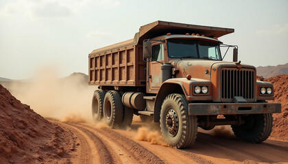 Obraz premium Heavy-Duty Dump Truck Hauling Earth on Rural Dirt Road
