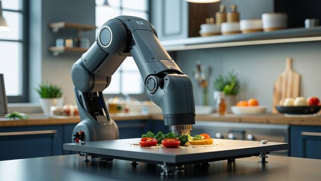 Photorealistic image of a autonomous robotic espresso brewing station in a studio setting