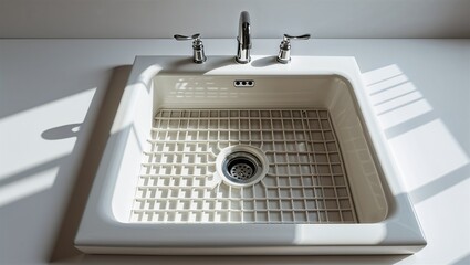 Photorealistic image of a ceramic sink grid with space-saving form on a white background