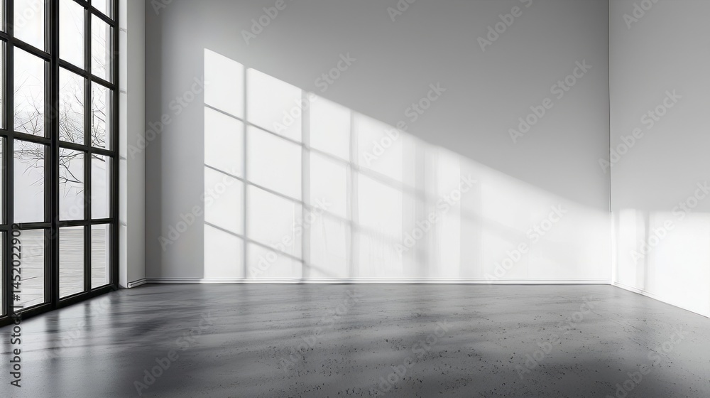 Poster bright and minimalistic office mockup features large windows allowing natural light to cast soft sha