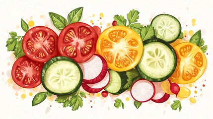 Fresh Sliced Tomatoes with Cucumbers, and Radishes.