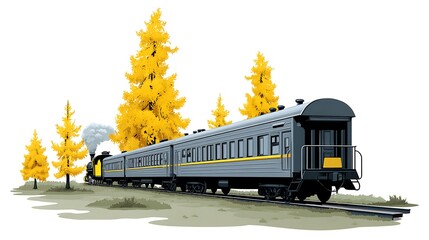 Obraz premium Autumn Train Journey Vintage Steam Locomotive Through Golden Larch Forest.