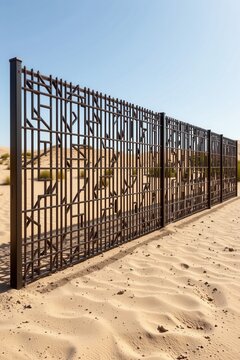 modern minimalist windbreak fence with geometric metal patterns casting shadows on desert sand, architectural concept photography