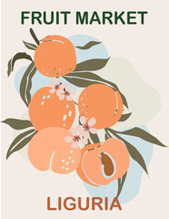 Abstract Fruit Market Liguria retro poster. Trendy contemporary wall art with peach fruits design. Modern naive groovy interior decoration, vector art painting.