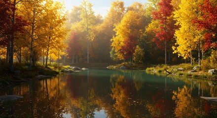 A lake surrounded by autumn trees in yellow and red colors