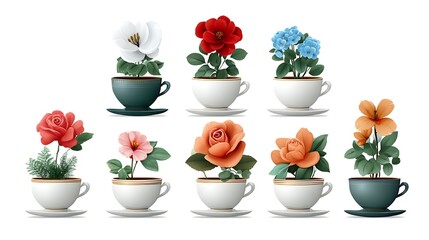 Blooming Beauty Colorful Flowers in Teacups.