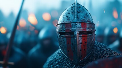 Naklejka premium Warriors clad in armor prepare for battle at dawn in a medieval landscape with torches illuminating the atmosphere