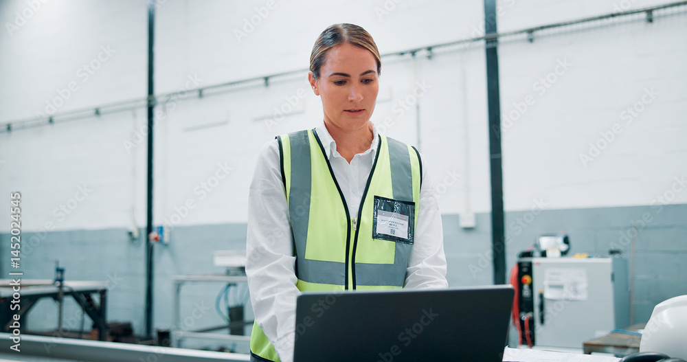 Poster engineer, laptop and woman in factory for robotics, manufacturing and assembly line. computer, autom