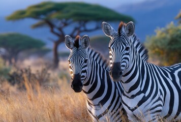 Fototapeta premium two zebras in the savannah at sunset, standing under an acacia tree with tall grasses around them