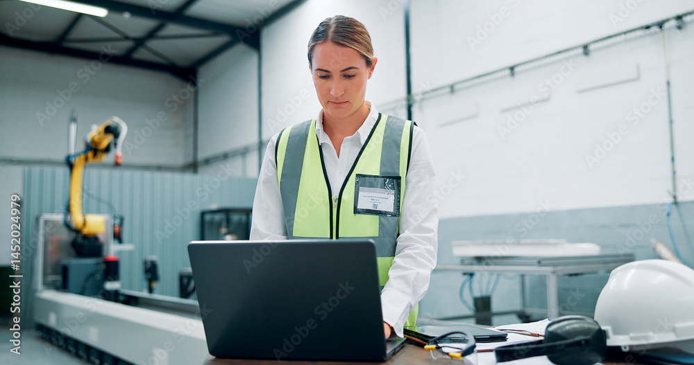 Aufkleber Engineer, laptop and woman with robotics for manufacturing or assembly line in factory. Computer, automation and worker research for production process, industry 4.0 or programming high tech software