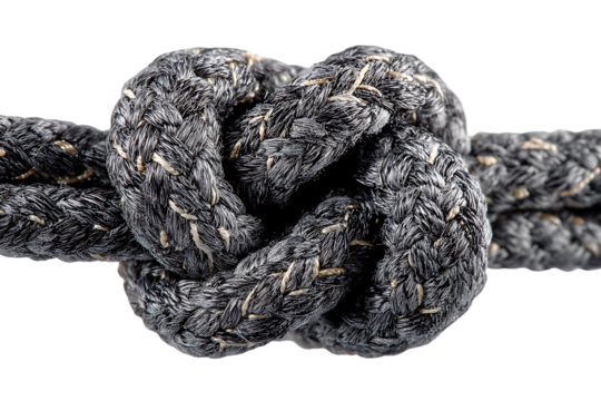 Close up of a tightly tied knot in a thick rope.