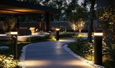 Obraz premium Tranquil ambiance of a lamp-lit garden walkway.