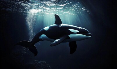 Obraz premium Observing an orca navigating the dynamic interplay of light in water.