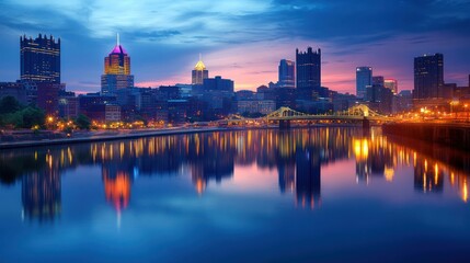 Naklejka premium Pittsburgh skyline at dusk, city lights reflected on river, scenic.