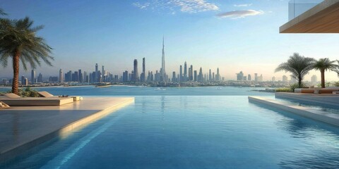 Opulent leisure space featuring panoramic city vistas.