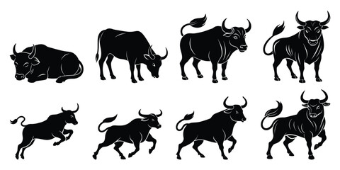 Obraz premium set of wild animals silhouette on white background a bundle of 8 bulls