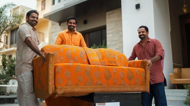 Three Indian men are happily moving a colorful sofa into a modern house.