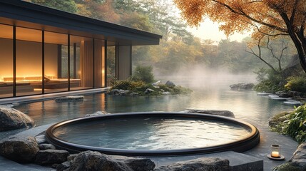 Autumn Onsen Hot Tub Relaxation by Misty Lake at Sunrise