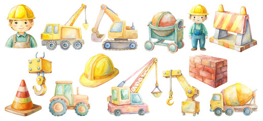 Watercolor Construction illustration Clipart Set featuring a worker,  Cranes, Trucks, Bricks and Safety Gear in soft pastel colors. Vector Construction Elements on Transparent Background.