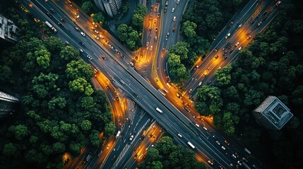 Aerial view of busy highway intersection at night with lush green trees and buildings in background. Possible use Urban infrastructure, transportation