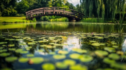 Fototapeta premium Tranquil pond scene with wooden bridge