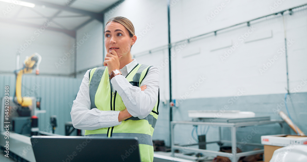 Poster Engineer, planning and woman in factory for robotics, manufacturing and problem solving. Thinking, automation and worker with idea for production, industry 4.0 or insight for innovation on laptop