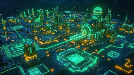 Futuristic city built on a circuit board at night, glowing neon green and orange.