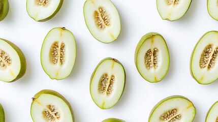 Top down view of sliced whole pawpaws creamy interiors clean white background rare American fruit gaining popularity in local food and farm to table visuals cut out on isolated transparent background