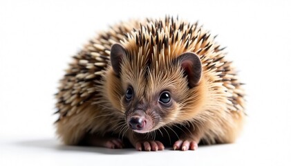 Fototapeta premium Brown hedgehog, curled into a ball, against bright white backdrop, vector, brown