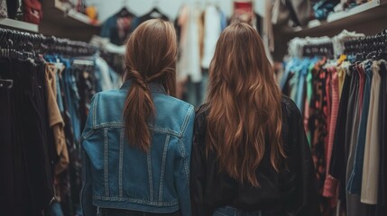Fototapeta premium Two women shop for clothes in a store, viewed from the back. Fashion and trends.