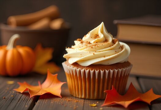 Pumpkin cinnamon cupcake with autumn leaves and books in the background - Powered by Adobe