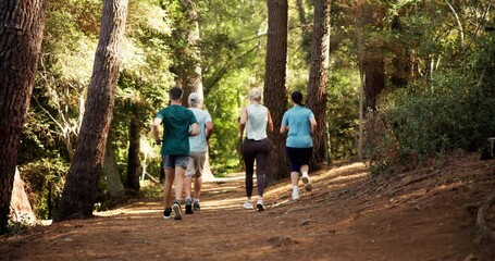 People, back or running in forest for marathon challenge, race or jogging together in nature. Team, runners or community with group, trail or path for sprint, fitness competition or outdoor exercise
