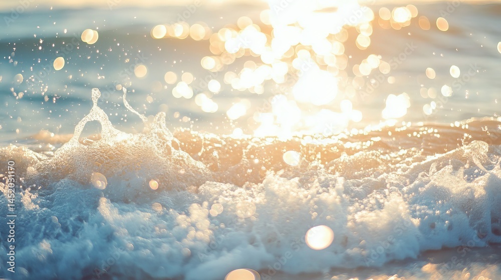 Poster golden hour casts enchanting sunlight on gentle ocean waves, creating a dreamy bokeh effect. the spa