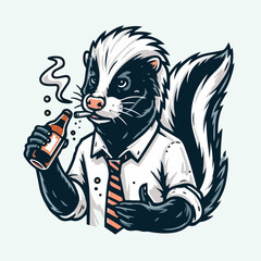 Dapper Skunk's Leisure: A sophisticated skunk takes a moment for a drink and a smoke. This illustration showcases a light-hearted, modern style.
