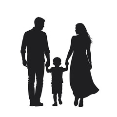 Parents holding hands with child, silhouetted against white background  
