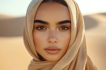 Portrait of a beautiful Middle Eastern woman wearing a beige hijab – attractive young model with natural makeup and modest fashion style